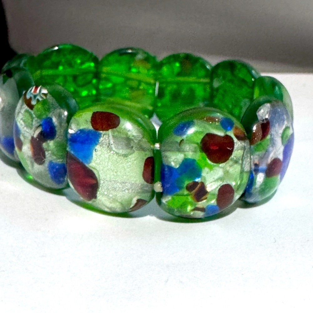 💚 Rare Murano Glass “Tutti-Frutti” Bracelet – Green & Silver Fleck Magic! 💫✨